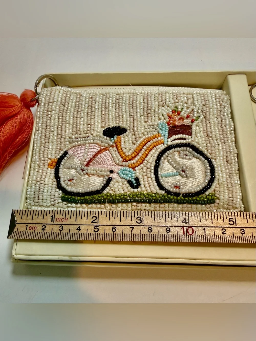 * Handmade Beaded Bicycle Zippered Pouch and Keychain Set - White